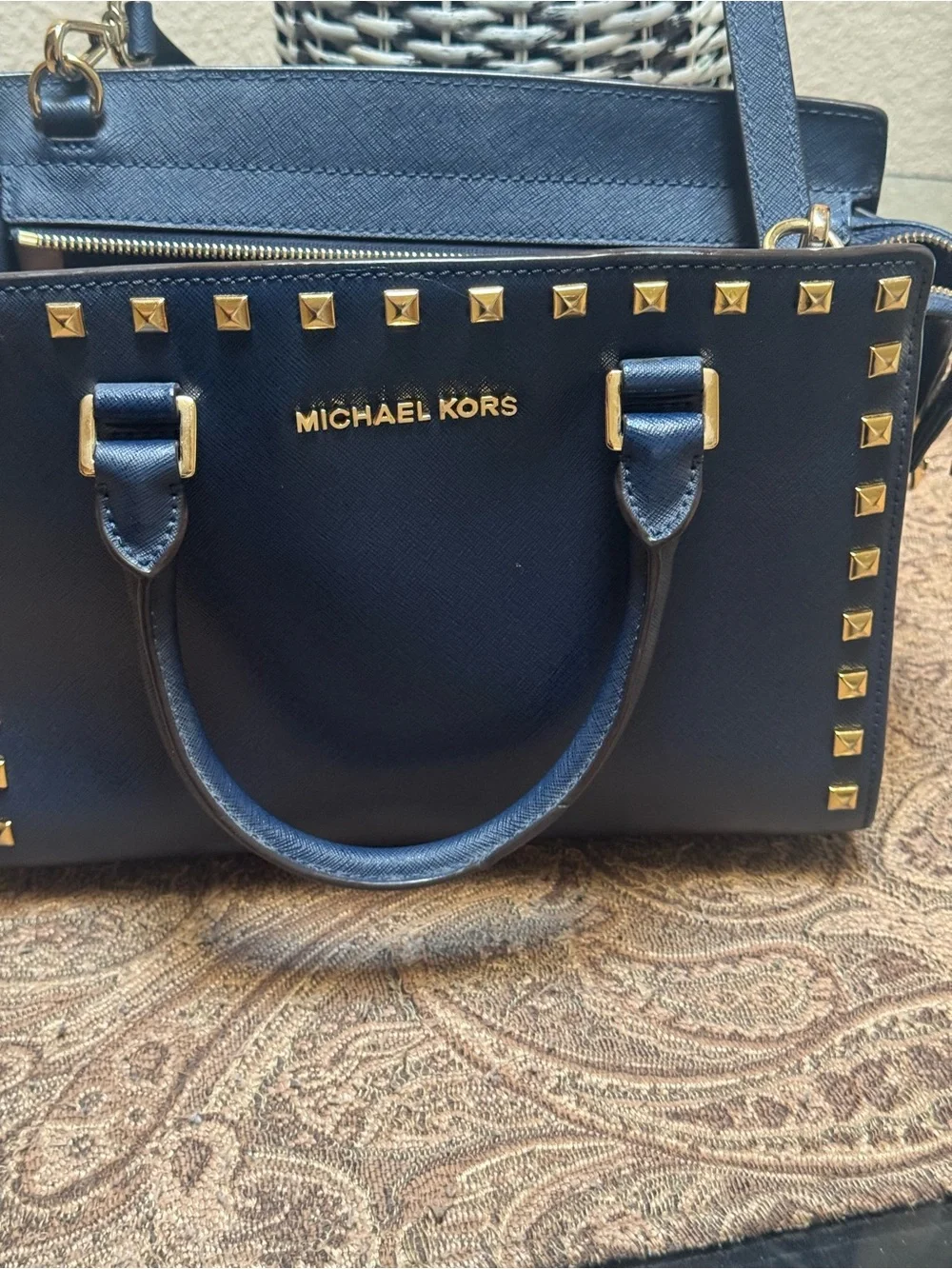 Michael Kors Navy Saffiano Leather Stud Satchel with Gold Hardware